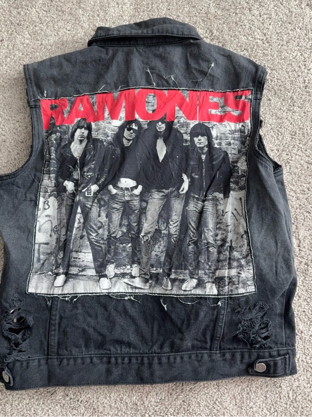 Ramones Distressed Denim Vest Black Sleeveless Punk Rock Jacket Medium